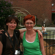 Paula and Andrea in Ribe with a swan boy behind