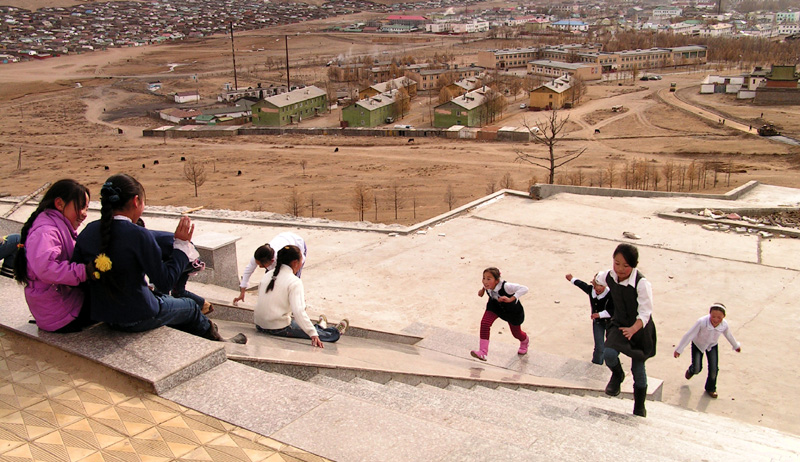 Children playing outside a temple in Tsetserleg