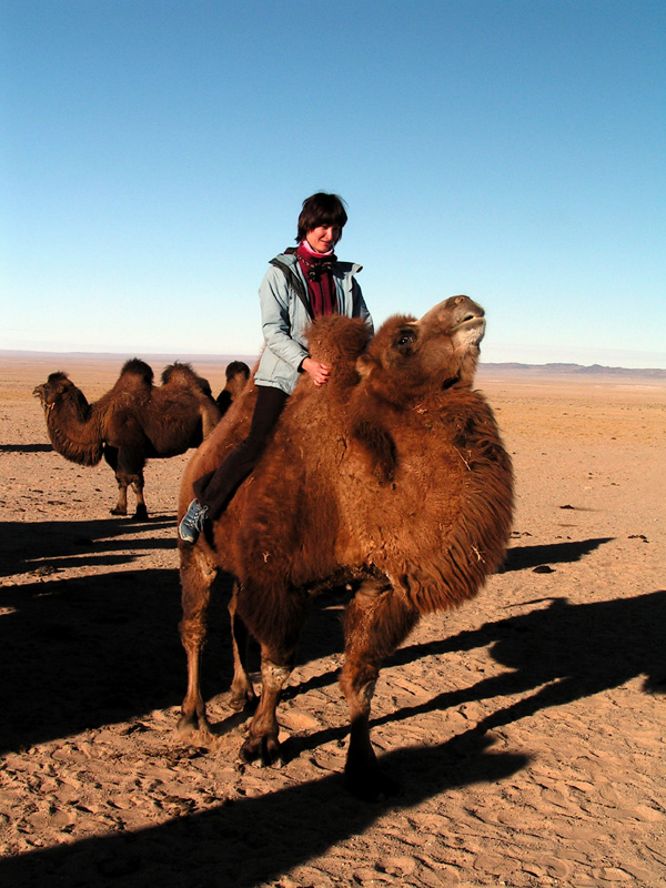 Gobi - Paula riding a Mongolian camel 01