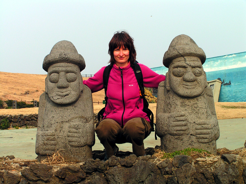 South Korea - Paula with stone grandfathers' statues