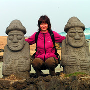 South Korea - Paula with stone grandfathers' statues