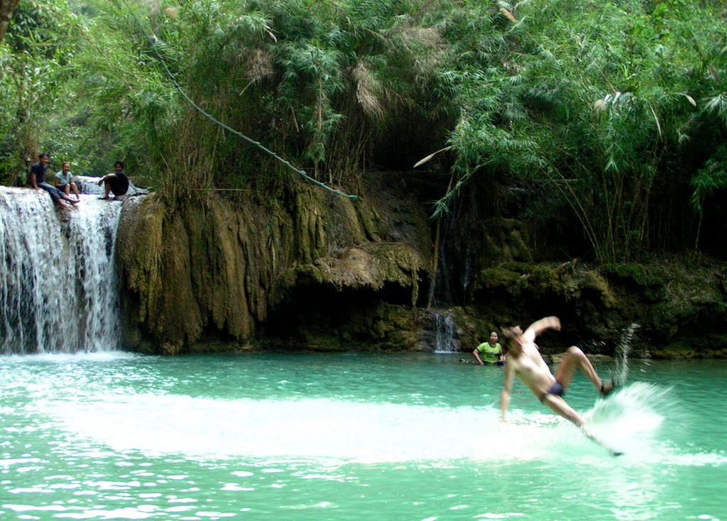 Laos - walking on the water in Kouang Si Waterfall