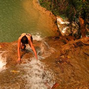 Laos - Paula climbing the Kouang Si waterfall