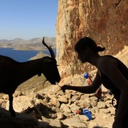 Greece - Kalymnos - Paula feeding a goat 01