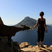 Greece - Kalymnos - Paula feeding a goat 02