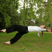 England - Karin slacklining in a park in Harrogate