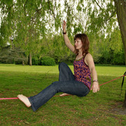 England - Paula slacklining in a park in Harrogate